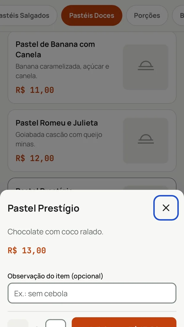 Escolha de adicionais no site da loja