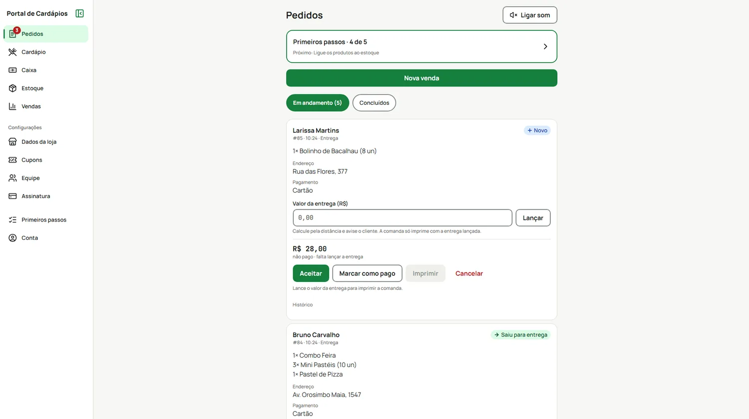 Painel de pedidos no computador