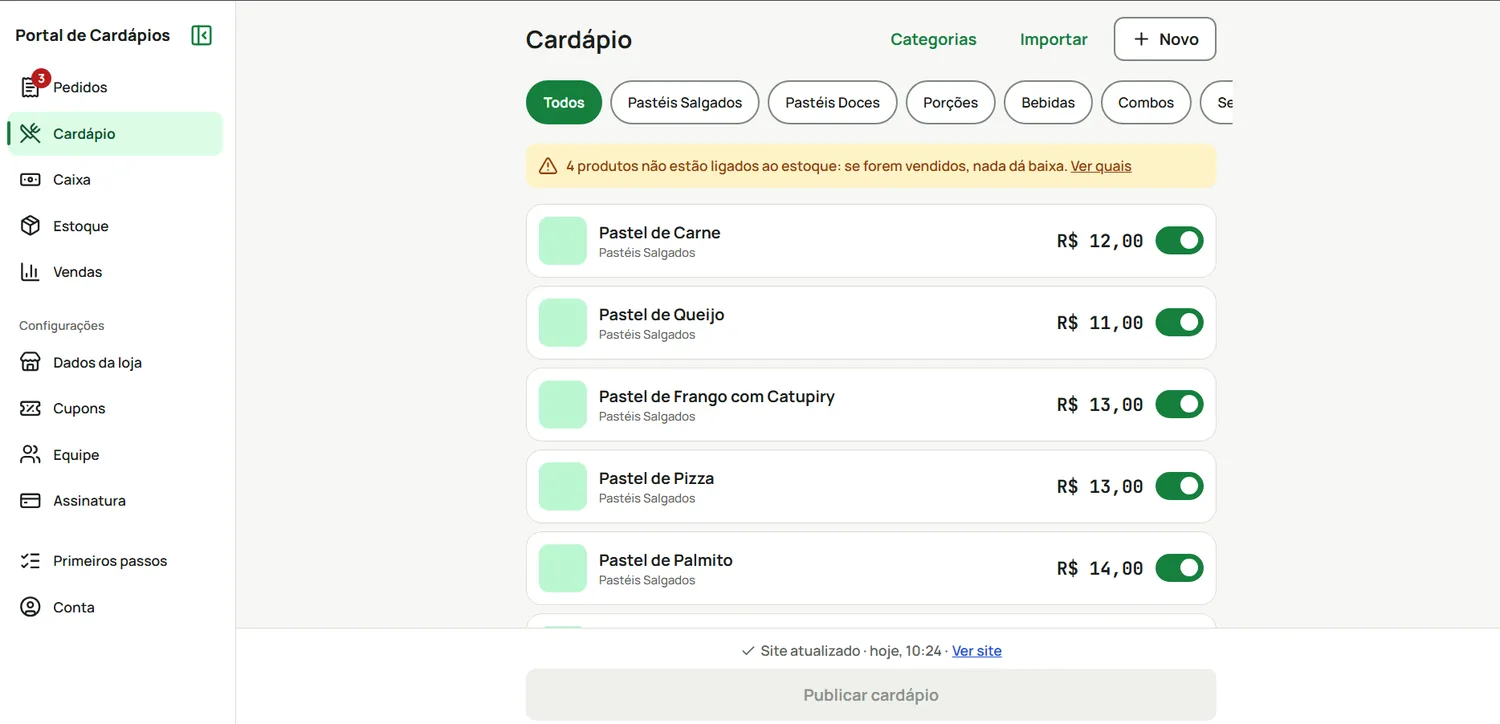 Cardápio no notebook