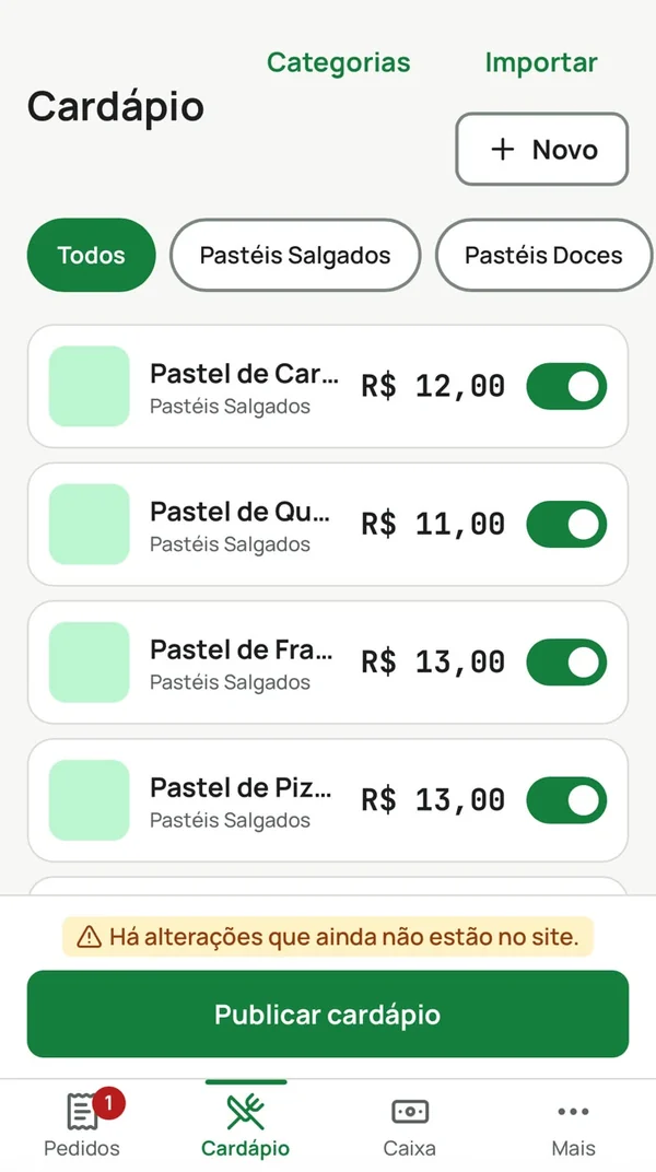 Cardápio no celular