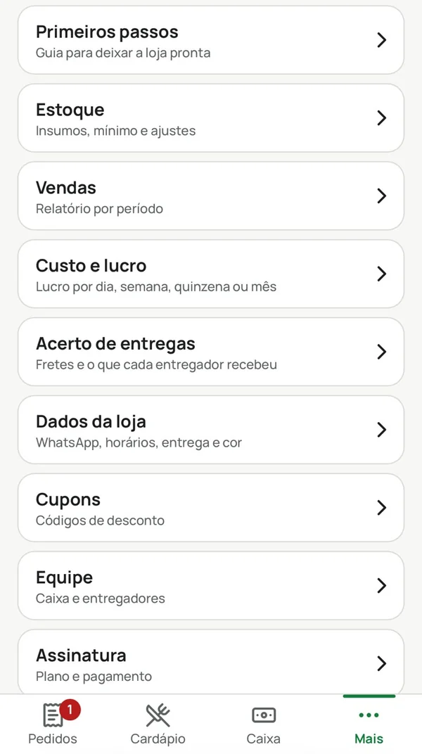 Menu Mais com acesso a vendas, custo e lucro, entregas e cupons