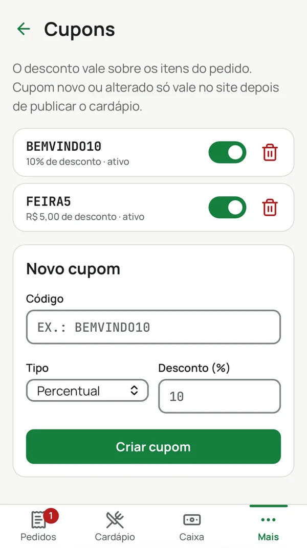 Tela de cupons no celular