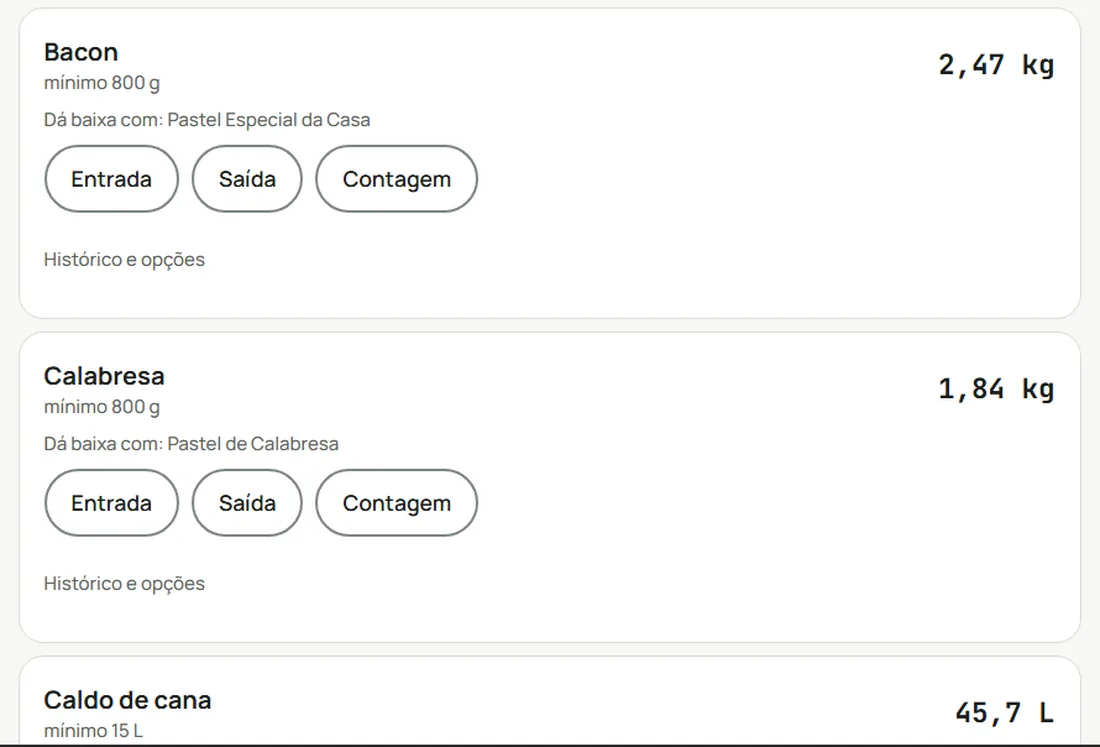 Lista de insumos do estoque